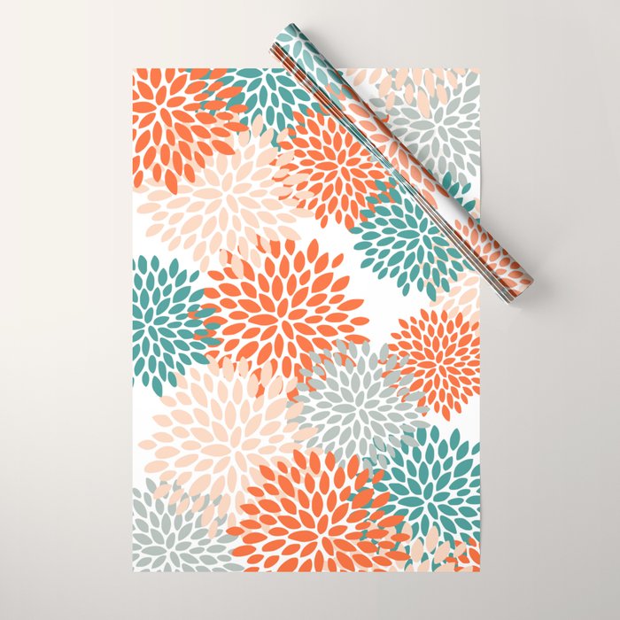 Floral Blooms, Orange, Teal, Gray Wrapping Paper Gallery Image 1