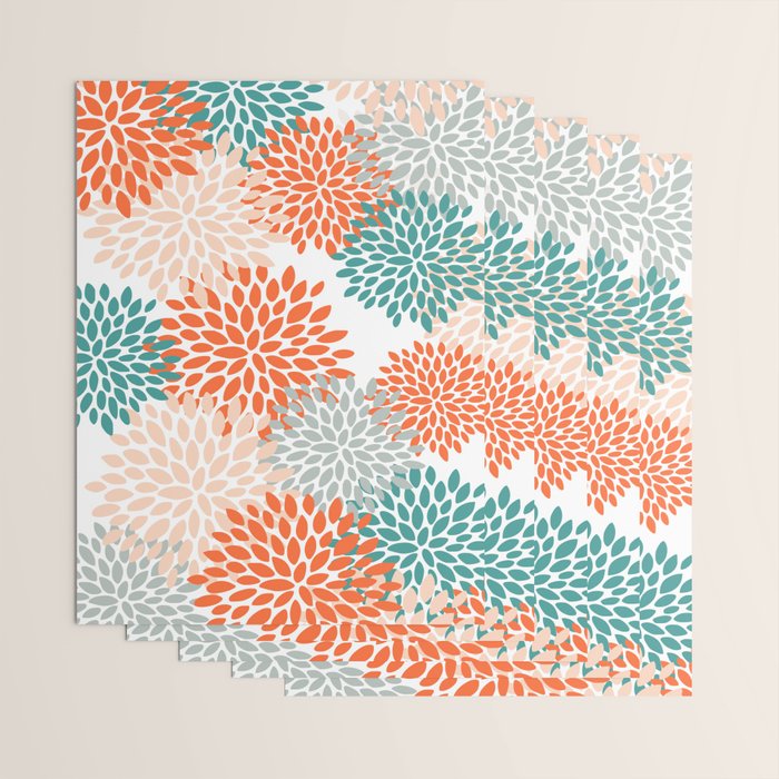 Floral Blooms, Orange, Teal, Gray Wrapping Paper Gallery Image 3