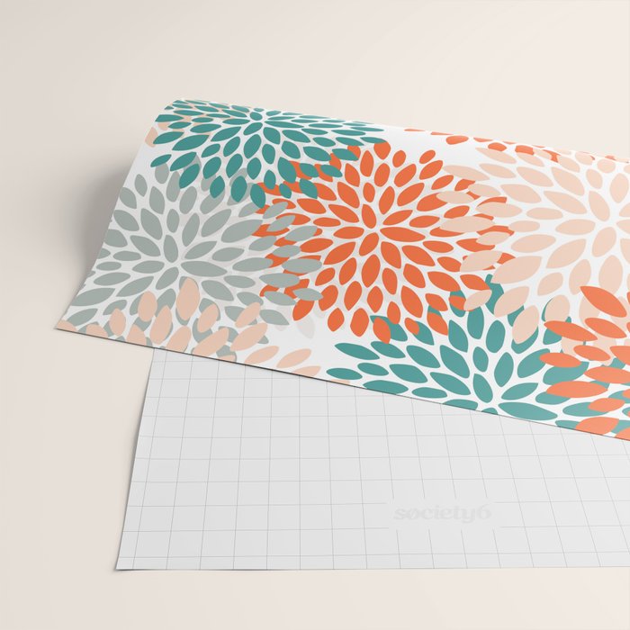 Floral Blooms, Orange, Teal, Gray Wrapping Paper Gallery Image 2