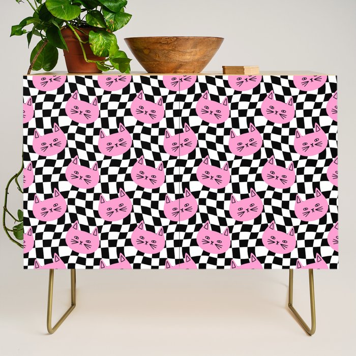 Funny cat cartoon checkered pattern Credenza Gallery Image 1