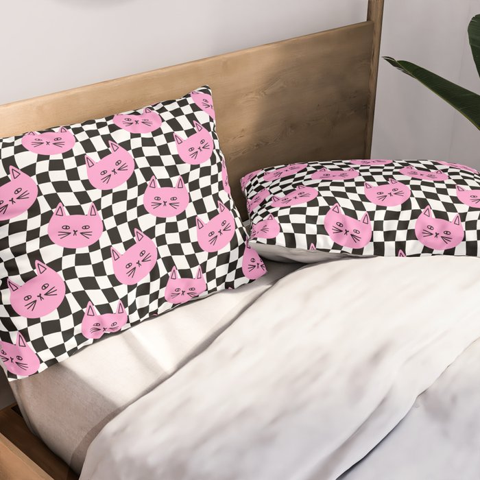 Funny cat cartoon checkered pattern Pillow Sham Gallery Image 2