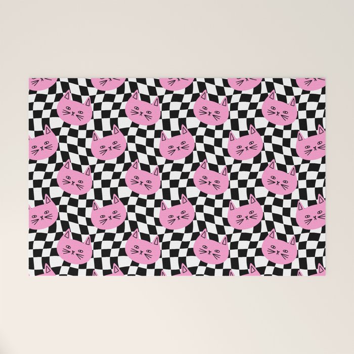 Funny cat cartoon checkered pattern Welcome Mat Gallery Image 1