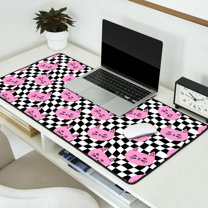 Funny cat cartoon checkered pattern Desk Mat Gallery Image 2