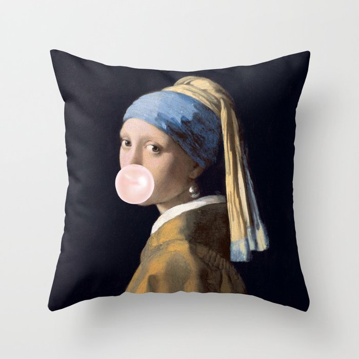 Girl with Pearl Earing Blowing Gum Throw Pillow Gallery Image 6