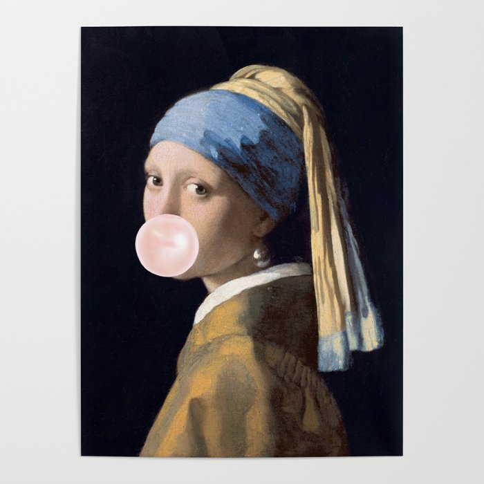 Girl with Pearl Earing Blowing Gum Poster