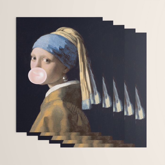 Girl with Pearl Earing Blowing Gum Wrapping Paper Gallery Image 3