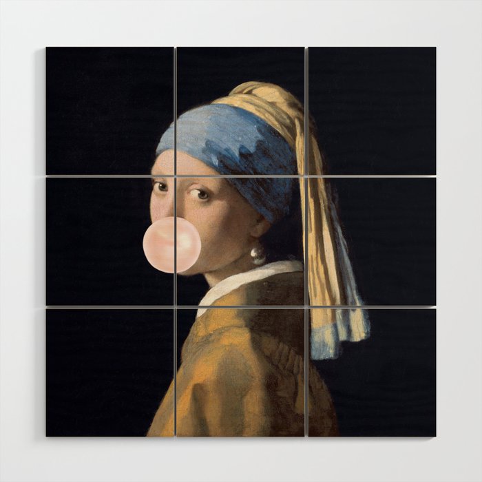 Girl with Pearl Earing Blowing Gum Wood Wall Art Gallery Image 1