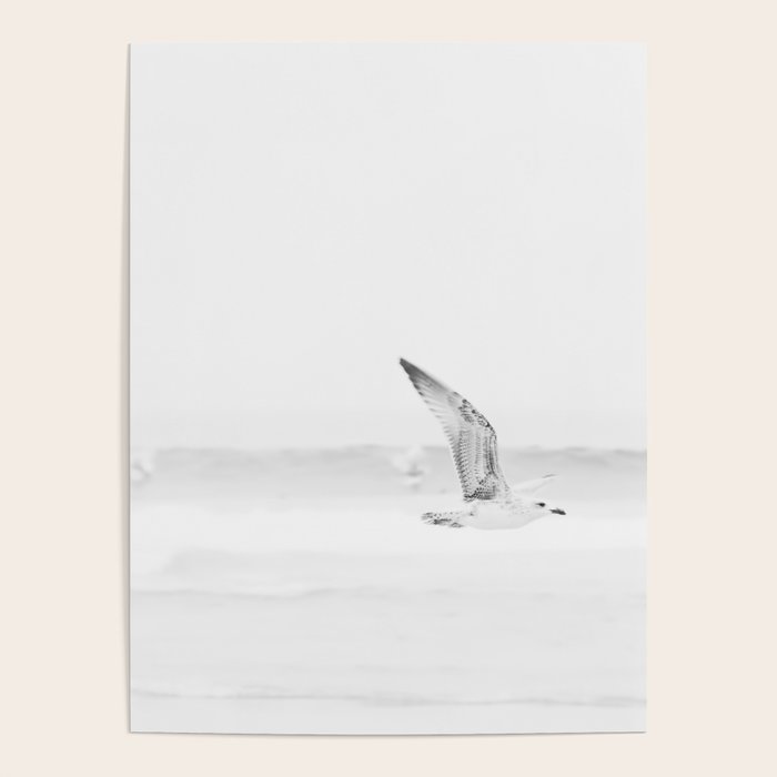 Minimal Black and White Beach Print - Bird Flight - Elegant Ocean Print - Seagull - Sea Photography  Poster Gallery Image 1