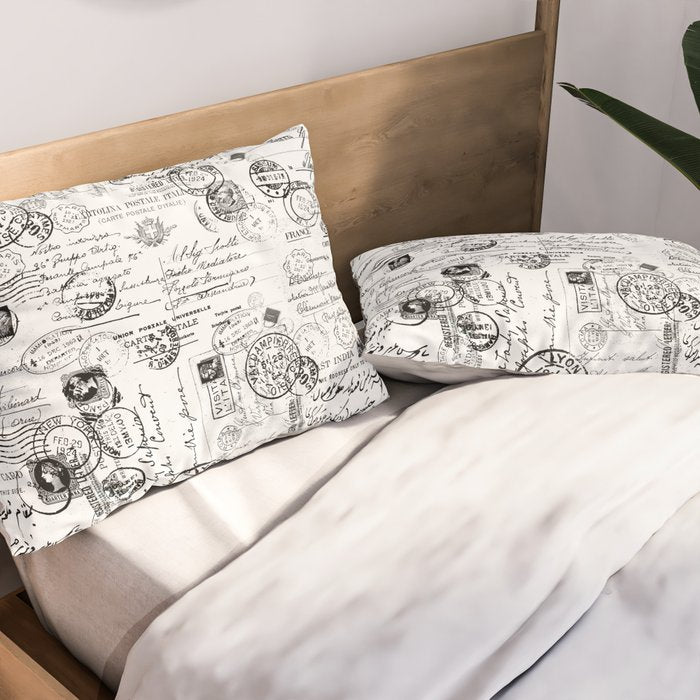 Nostalgic Message Charming Vintage Letters And Postcards Black White Pattern Pillow Sham Gallery Image 2