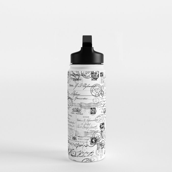 Nostalgic Message Charming Vintage Letters And Postcards Black White Pattern Water Bottle Gallery Image 3