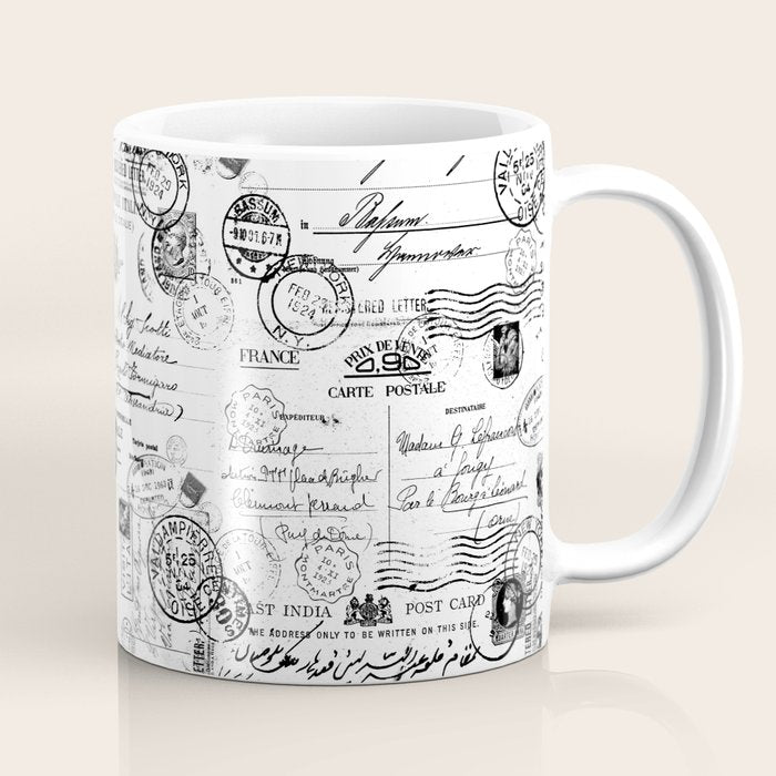Nostalgic Message Charming Vintage Letters And Postcards Black White Pattern Coffee Mug Gallery Image 1