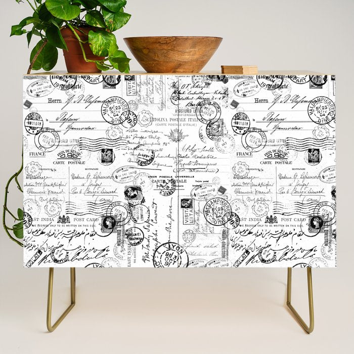Nostalgic Message Charming Vintage Letters And Postcards Black White Pattern Credenza Gallery Image 1