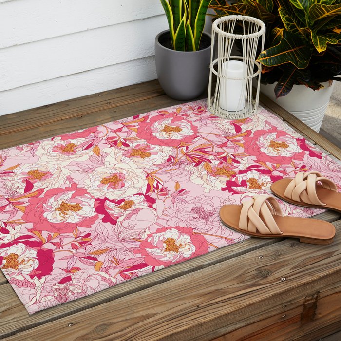 Pink flowers of peonies Outdoor Rug Gallery Image 2
