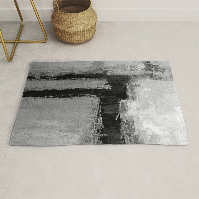 Black and White Textured Abstract Modern Monochrome Wall Art Rug Gallery Image 1