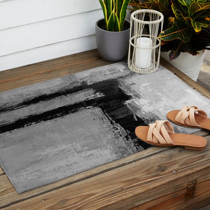 Black and White Textured Abstract Modern Monochrome Wall Art Outdoor Rug Gallery Image 2