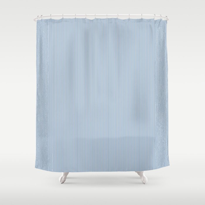 Classic Blue Mini Vertical Mattress Ticking Stripe Pattern Shower Curtain Gallery Image 1