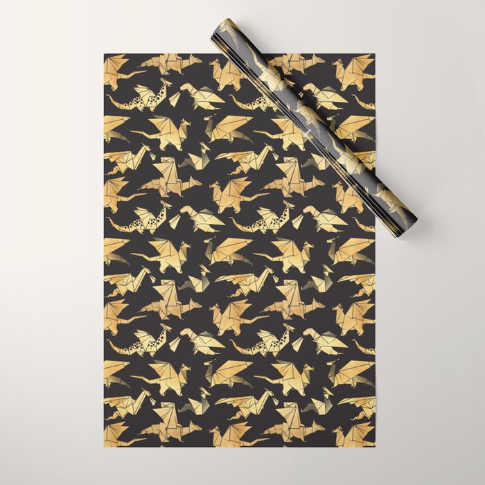 Origami metallic dragon friends // black background golden fantasy animals Wrapping Paper Gallery Image 1