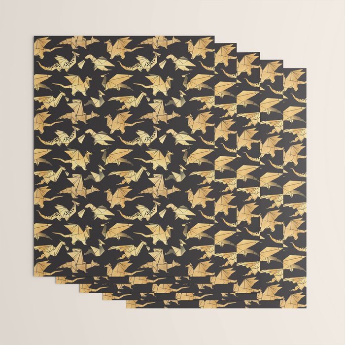 Origami metallic dragon friends // black background golden fantasy animals Wrapping Paper Gallery Image 3
