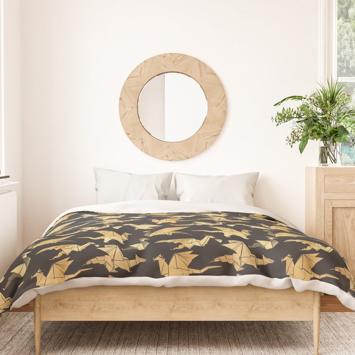 Origami metallic dragon friends // black background golden fantasy animals Duvet Cover Gallery Image 3