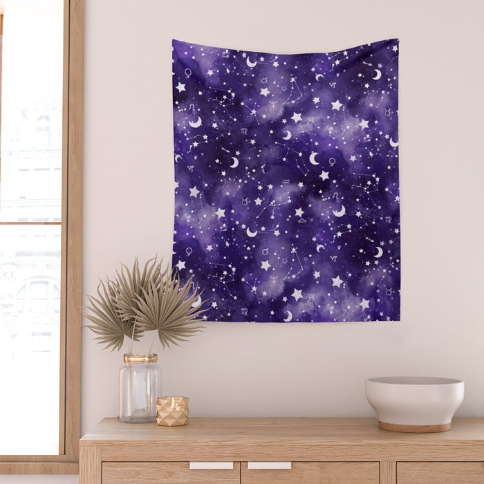 Zodiac Watercolor Ultraviolet Wall Tapestry Gallery Image 2