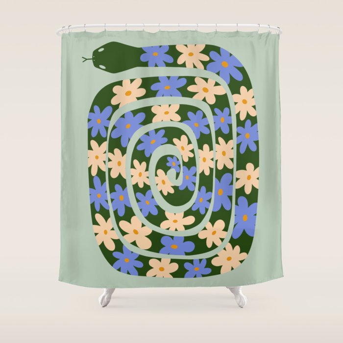 Flower Snake - Green, Blue and Off White Shower Curtain Gallery Image 1