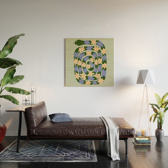 Flower Snake - Green, Blue and Off White Wood Wall Art Gallery Image 2