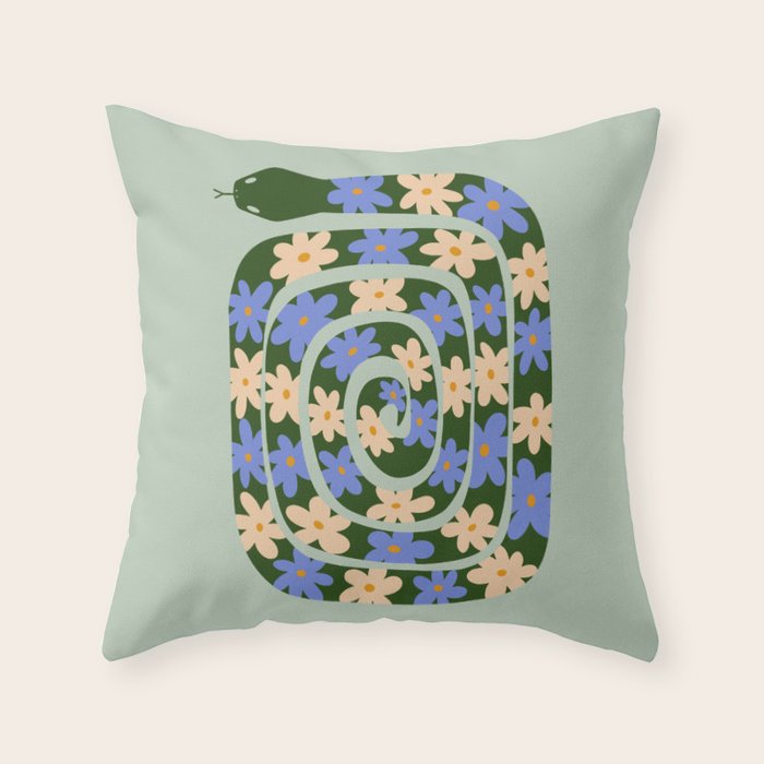Flower Snake - Green, Blue and Off White Throw Pillow Gallery Image 1