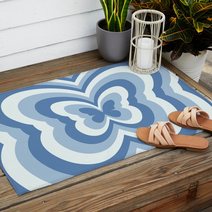 Retro 70s Butterfly in Ocean Blue Outdoor Rug Gallery Image 2