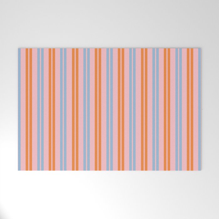 Pastel Pink, Baby Blue, and Orange Classic Double Stripe Vertical Pattern Welcome Mat Gallery Image 1