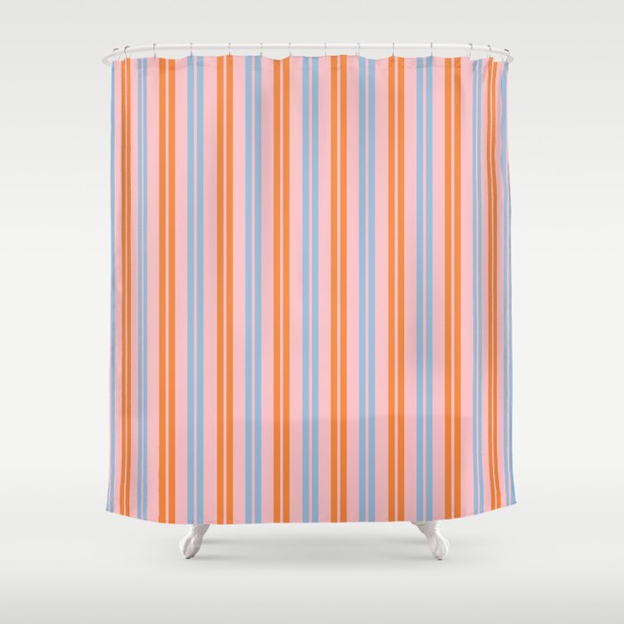 Pastel Pink, Baby Blue, and Orange Classic Double Stripe Vertical Pattern Shower Curtain Gallery Image 1