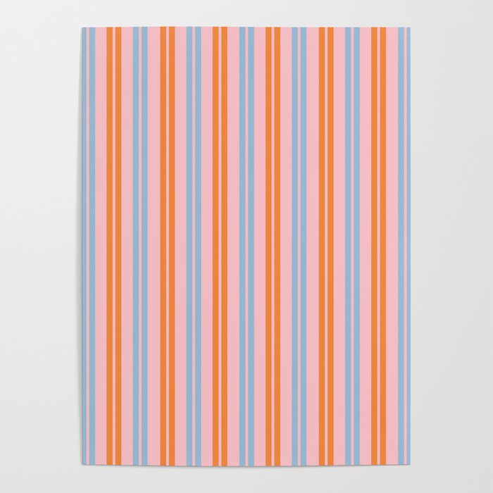 Pastel Pink, Baby Blue, and Orange Classic Double Stripe Vertical Pattern Poster Gallery Image 4