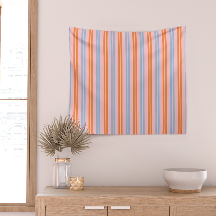 Pastel Pink, Baby Blue, and Orange Classic Double Stripe Vertical Pattern Wall Tapestry Gallery Image 2