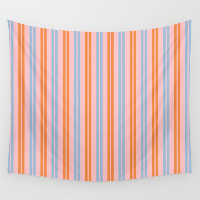 Pastel Pink, Baby Blue, and Orange Classic Double Stripe Vertical Pattern Wall Tapestry Gallery Image 4