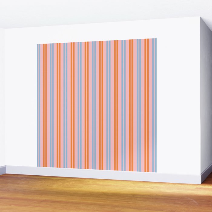 Pastel Pink, Baby Blue, and Orange Classic Double Stripe Vertical Pattern Wall Mural Gallery Image 2