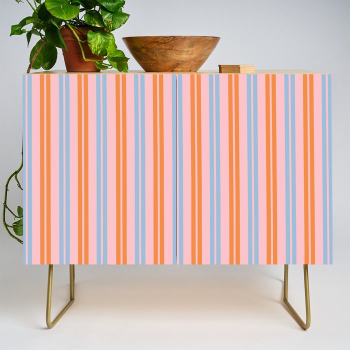Pastel Pink, Baby Blue, and Orange Classic Double Stripe Vertical Pattern Credenza Gallery Image 1