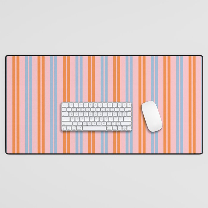 Pastel Pink, Baby Blue, and Orange Classic Double Stripe Vertical Pattern Desk Mat Gallery Image 1
