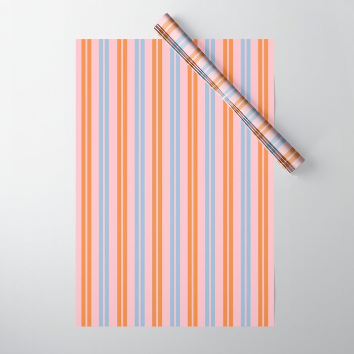 Pastel Pink, Baby Blue, and Orange Classic Double Stripe Vertical Pattern Wrapping Paper Gallery Image 1