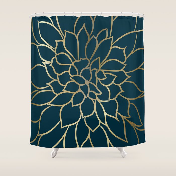 Festive, Floral Prints, Line Art, Dark Teal and Gold Shower Curtain Gallery Image 1