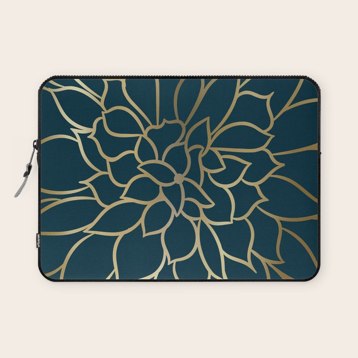 Festive, Floral Prints, Line Art, Dark Teal and Gold Laptop Sleeve Gallery Image 1