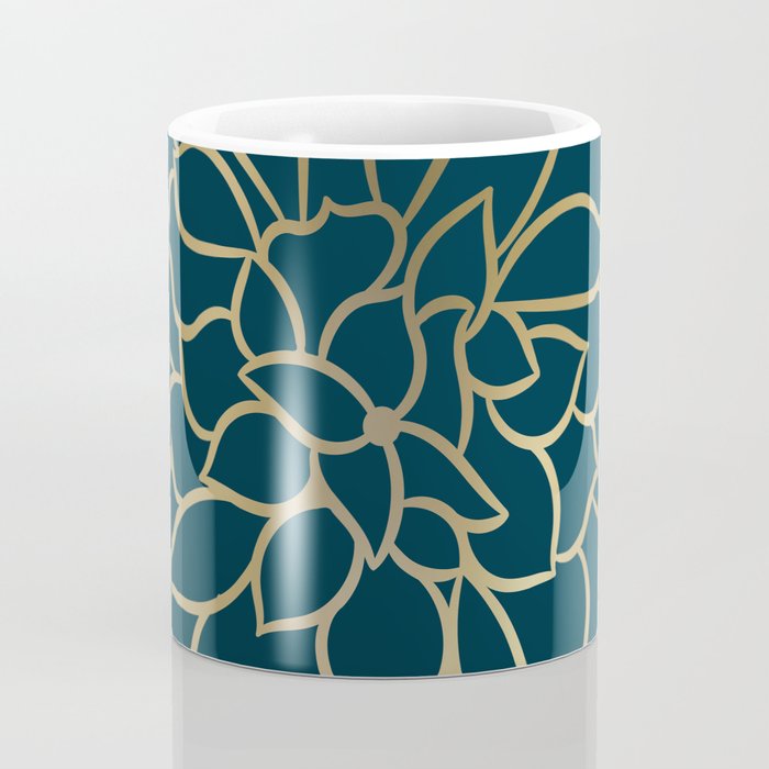 Festive, Floral Prints, Line Art, Dark Teal and Gold Coffee Mug Gallery Image 4