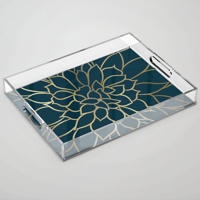 Festive, Floral Prints, Line Art, Dark Teal and Gold Acrylic Tray Gallery Image 1