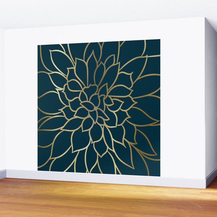 Festive, Floral Prints, Line Art, Dark Teal and Gold Wall Mural Gallery Image 2