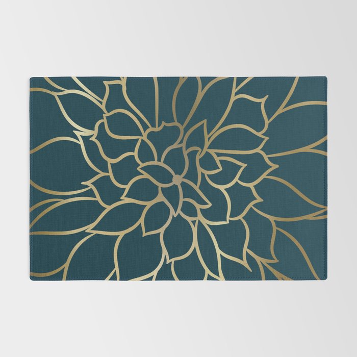 Festive, Floral Prints, Line Art, Dark Teal and Gold Rug Gallery Image 2