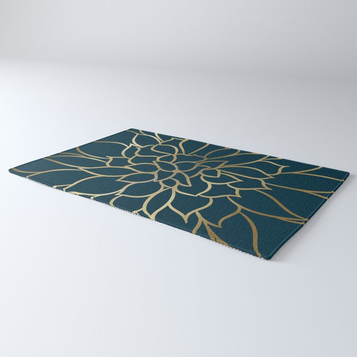 Festive, Floral Prints, Line Art, Dark Teal and Gold Rug Gallery Image 3
