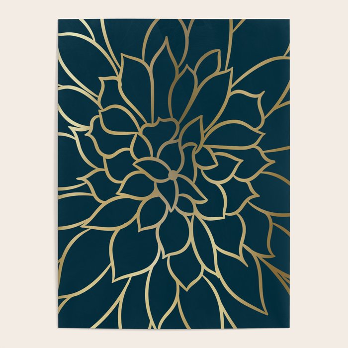 Festive, Floral Prints, Line Art, Dark Teal and Gold Poster Gallery Image 1