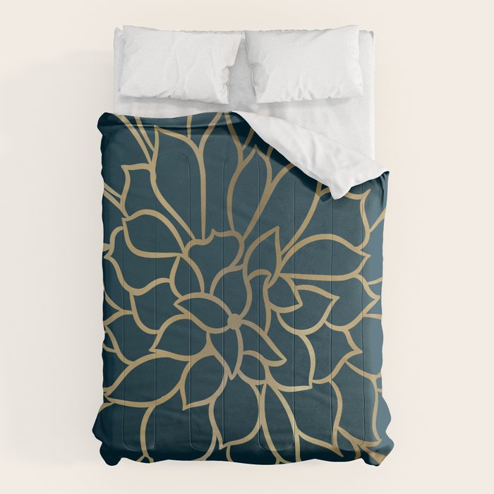 Festive, Floral Prints, Line Art, Dark Teal and Gold Comforter Gallery Image 1