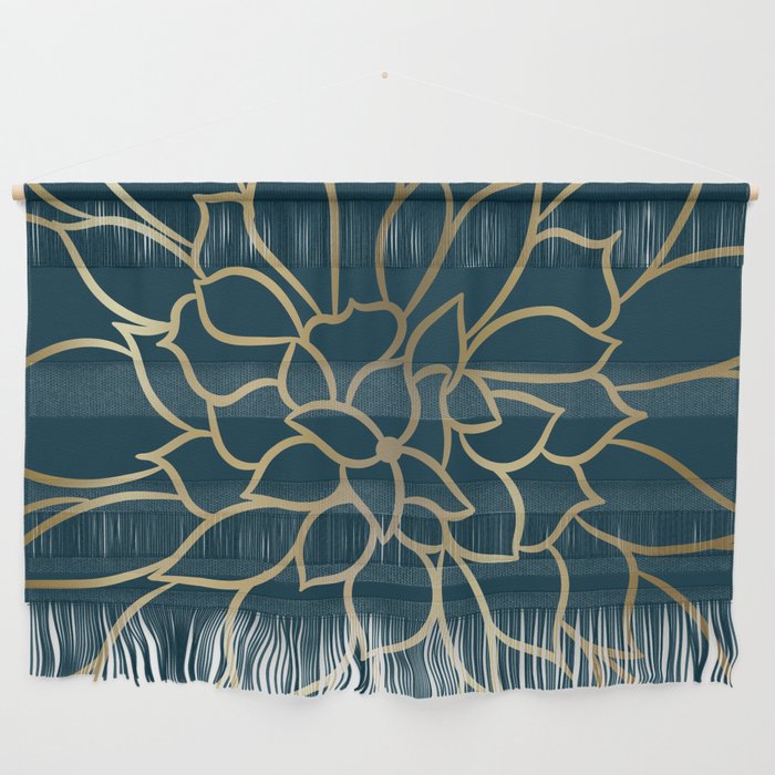 Festive, Floral Prints, Line Art, Dark Teal and Gold Wall Hanging Gallery Image 1