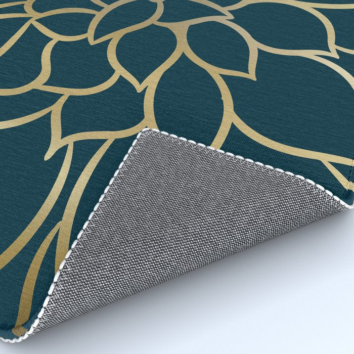 Festive, Floral Prints, Line Art, Dark Teal and Gold Rug Gallery Image 4