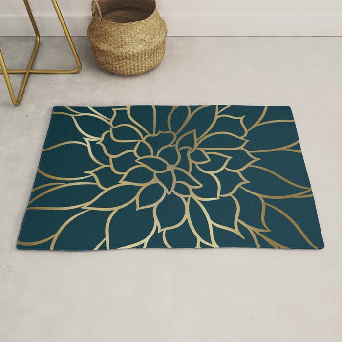 Festive, Floral Prints, Line Art, Dark Teal and Gold Rug Gallery Image 1