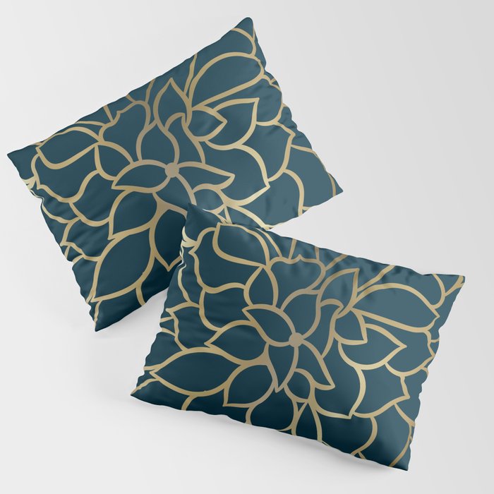 Festive, Floral Prints, Line Art, Dark Teal and Gold Pillow Sham Gallery Image 3